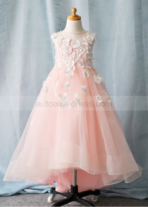 Beaded Tulle 3D Flowers High Low Keyhole Back Flower Girl Dress